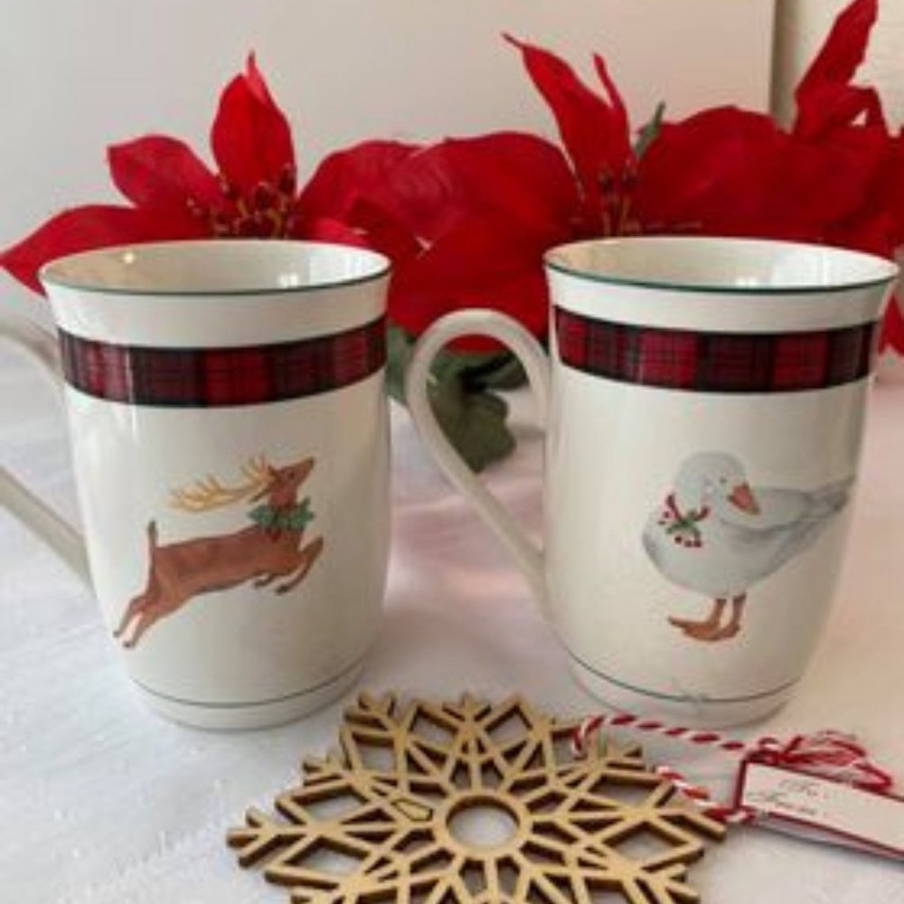 Vintage Arita Japan Deer and Duck Christmas Tea/ Coffee Mugs/Set 2